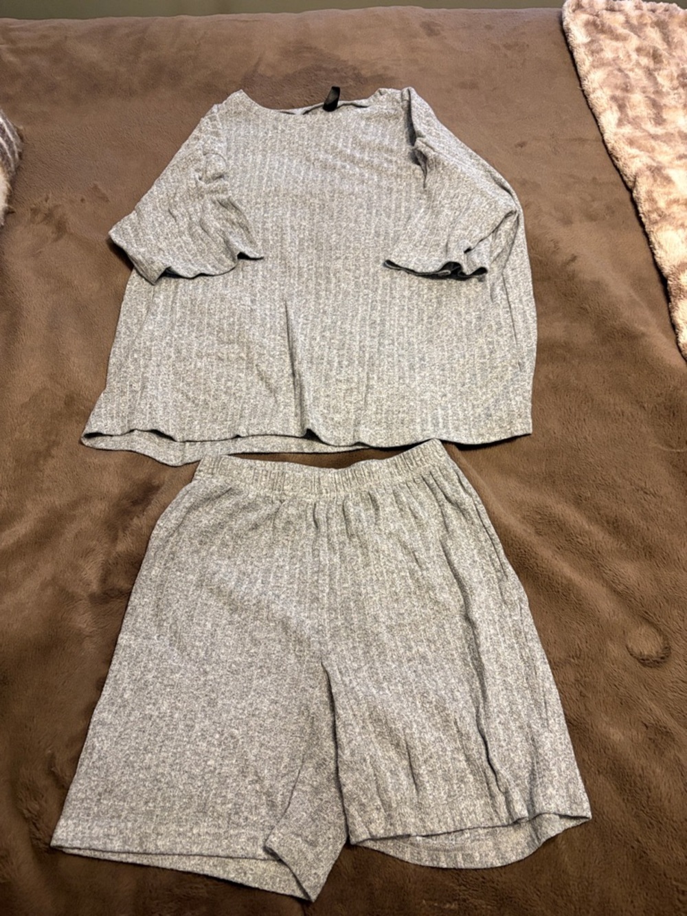 Women’s Gray Ribbed Lounge Set - Soft Short Sleeve Top & Shorts